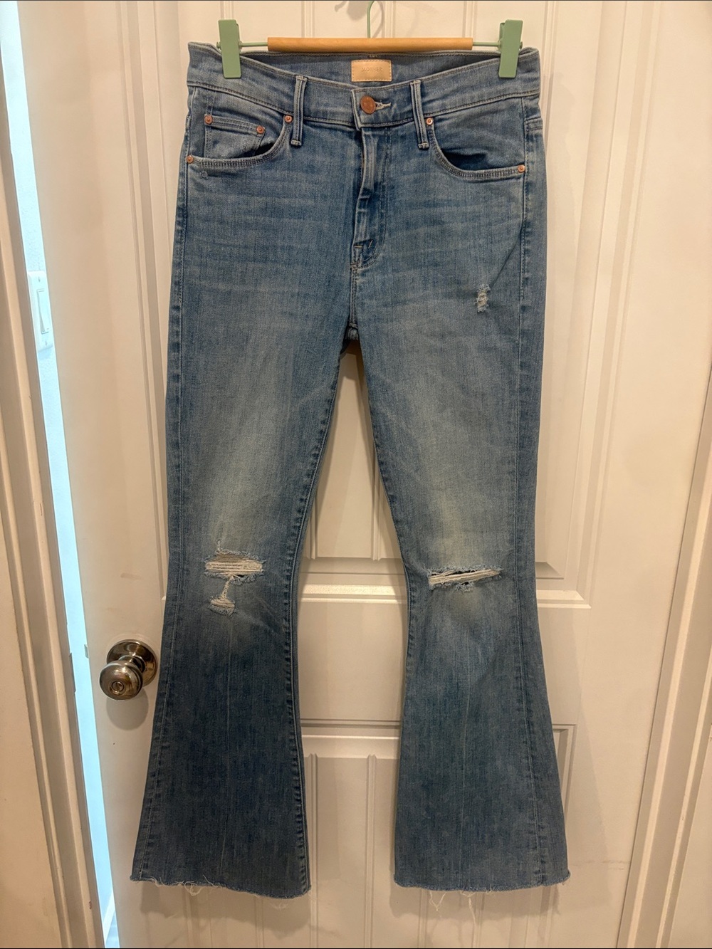MOTHER Distressed High Rise Flare Jeans Raw Hem Light Wash